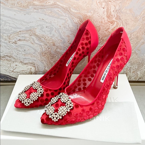 New! Manolo Blahnik Hangisi Red Jewel Buckle Pumps - Picture 3 of 11